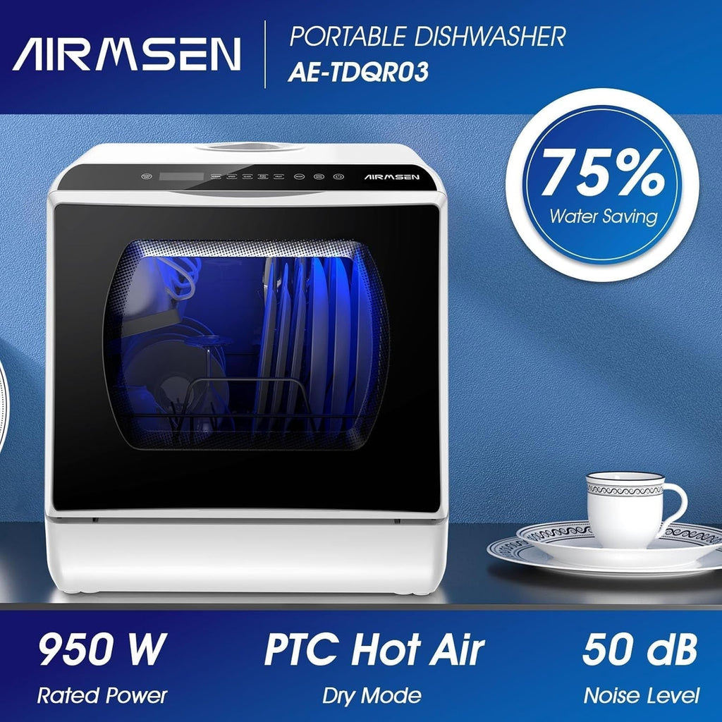 AIRMSEN Mini Table Top Dishwasher – Portable Countertop, 6 Programs, Baby Care Mode, Dual Water Supply