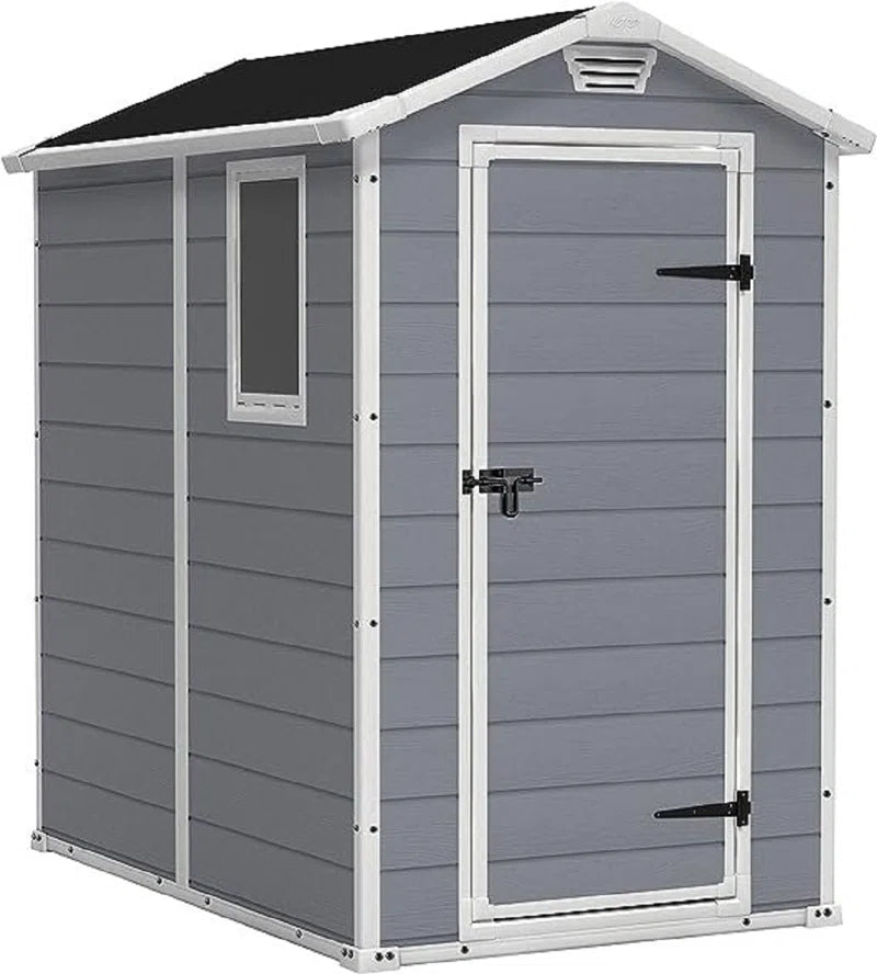 4x6 Resin Garden Storage Shed with Window & Ventilation, Weather-Resistant, Lockable Door - Grey