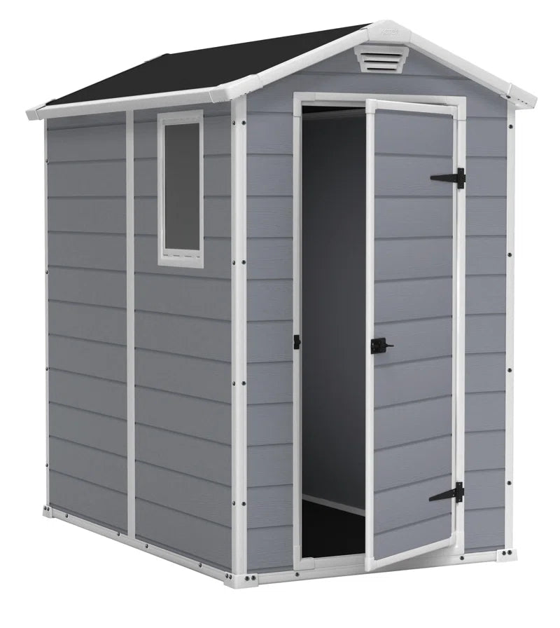 4x6 Resin Garden Storage Shed with Window & Ventilation, Weather-Resistant, Lockable Door - Grey